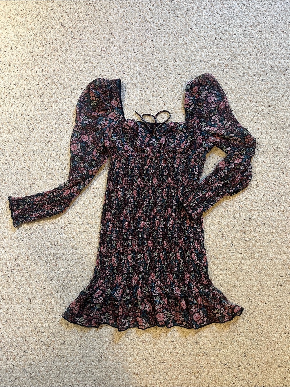 Black Floral Smocked Dress with Puff Sleeves